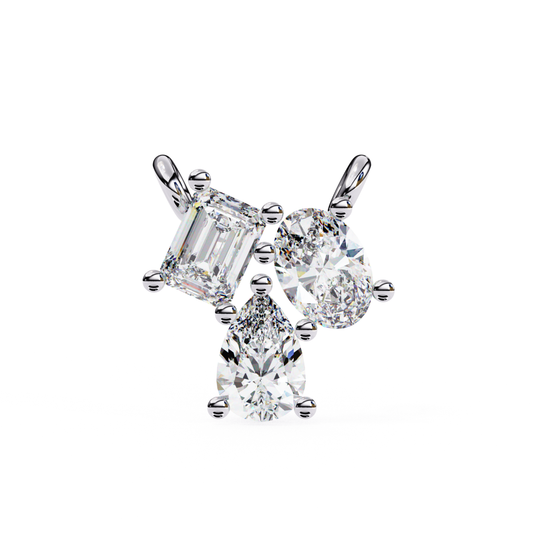 Three diamonds in different shapes set in a white gold earring.