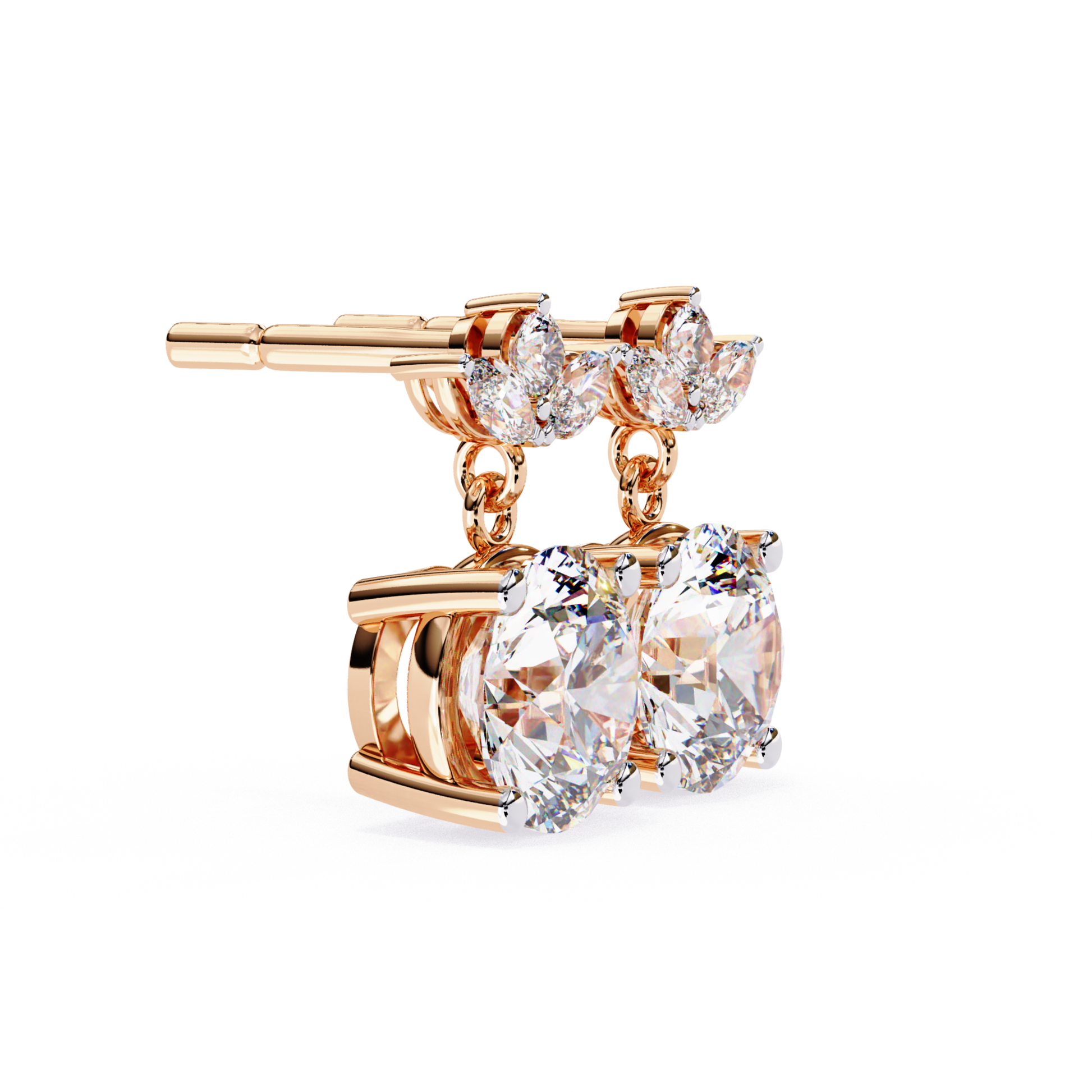Stunning double diamond earrings with a floral design in rose gold, featuring pear-shaped diamonds.