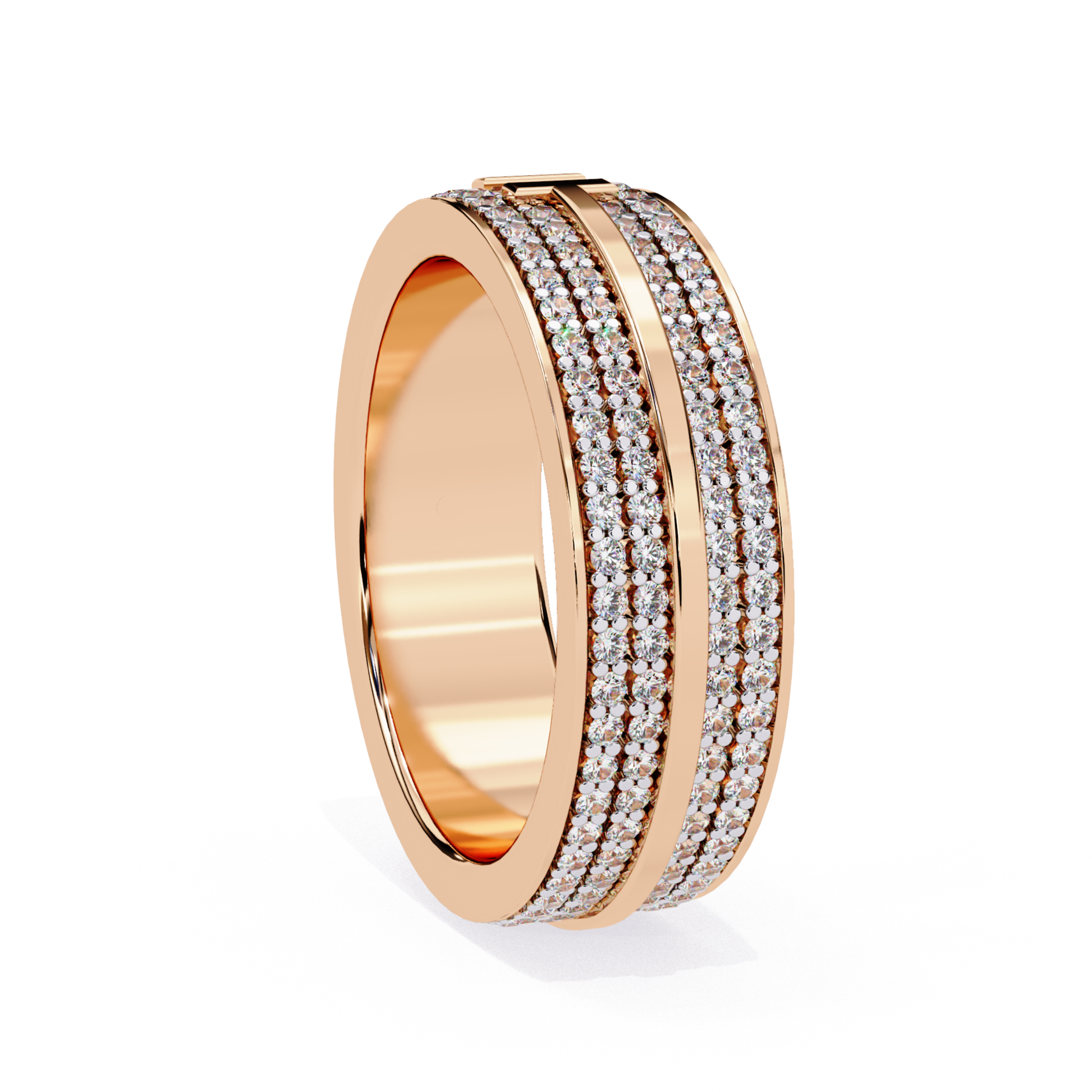 Rose gold diamond band with double pavé rows in angled profile