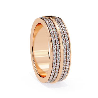 Rose gold diamond band with double pavé rows in angled profile