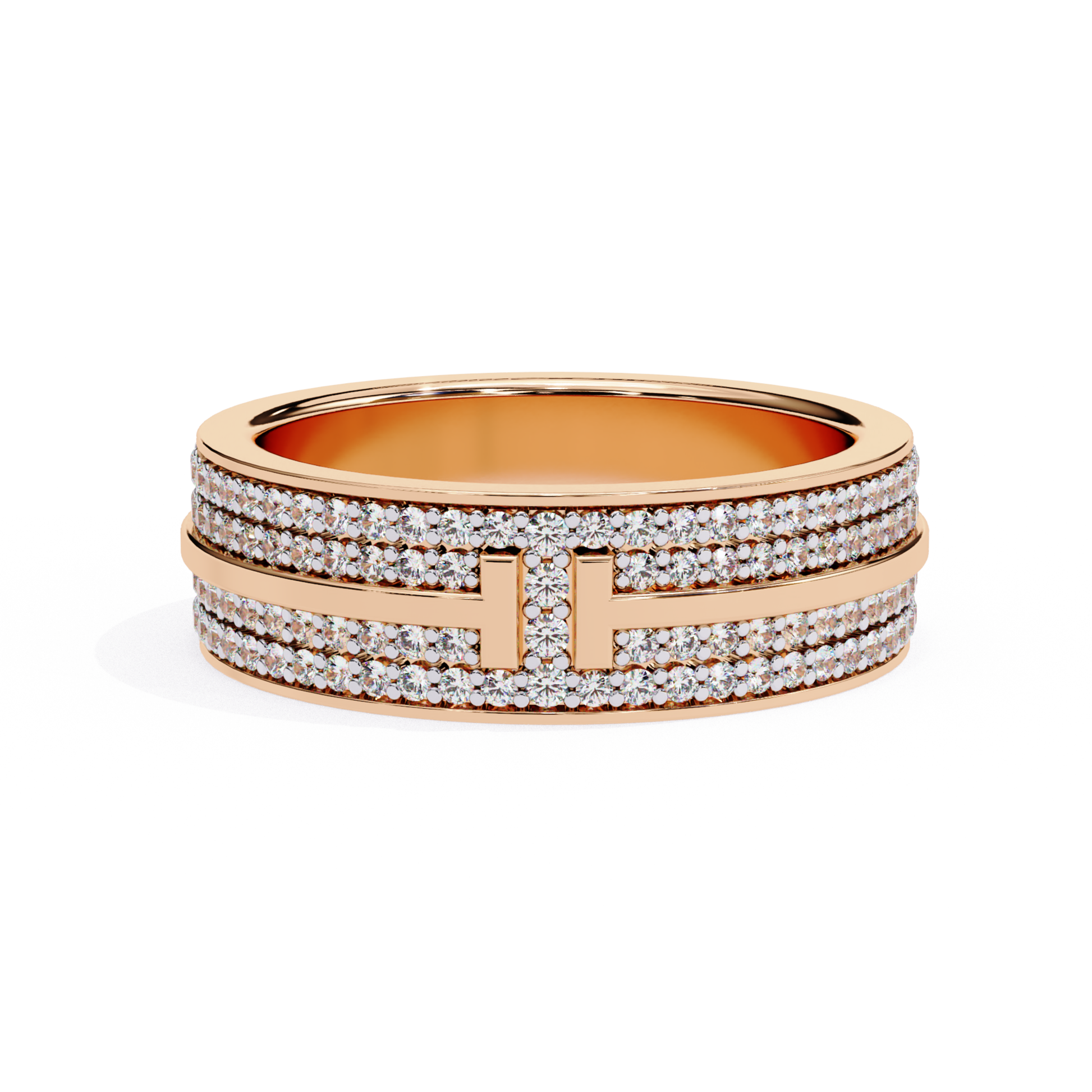Rose gold band with pavé diamond rows and polished center bar