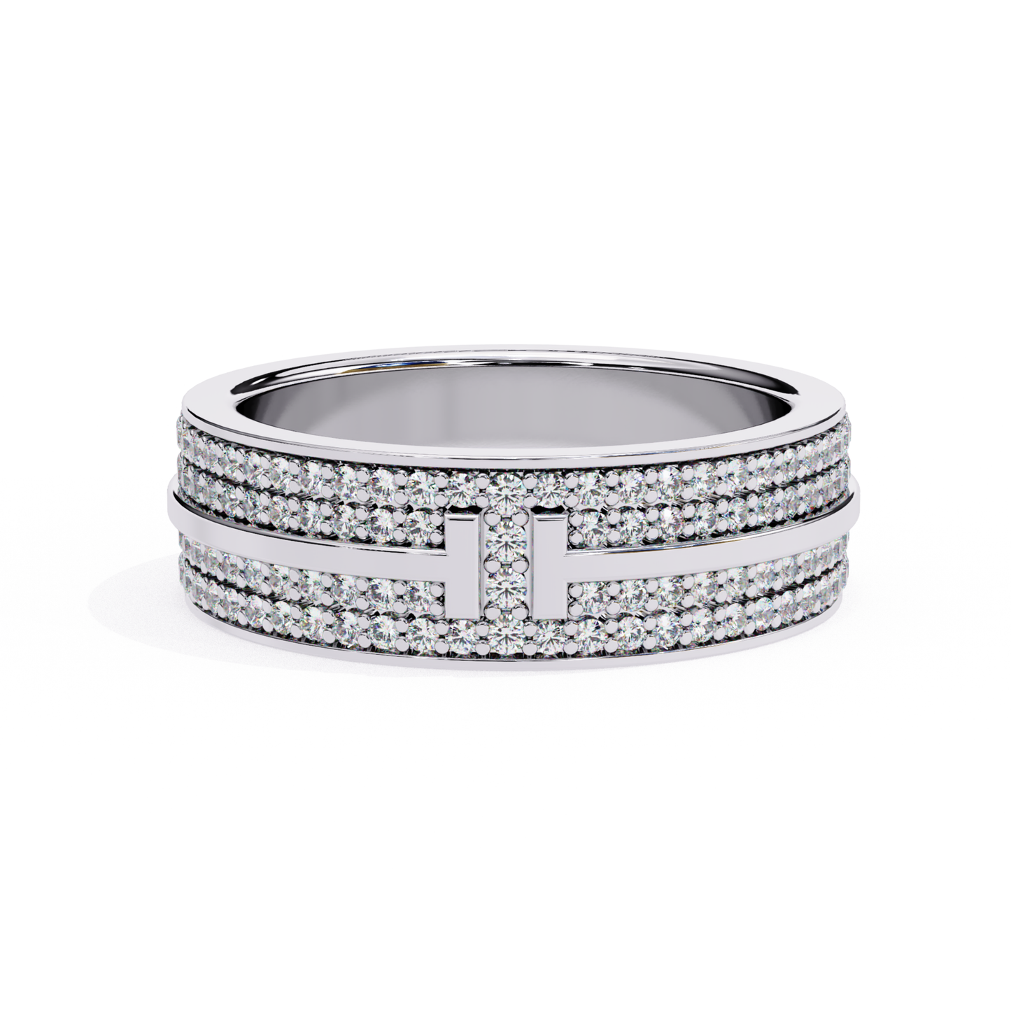 White gold band featuring double row pavé diamonds with center bar accent