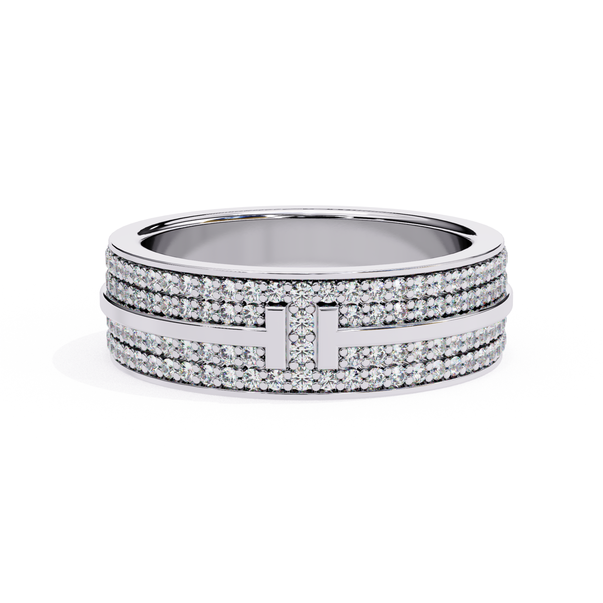 White gold band featuring double row pavé diamonds with center bar accent