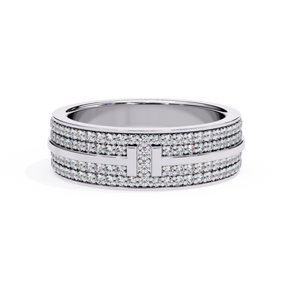 White gold band featuring double row pavé diamonds with center bar accent