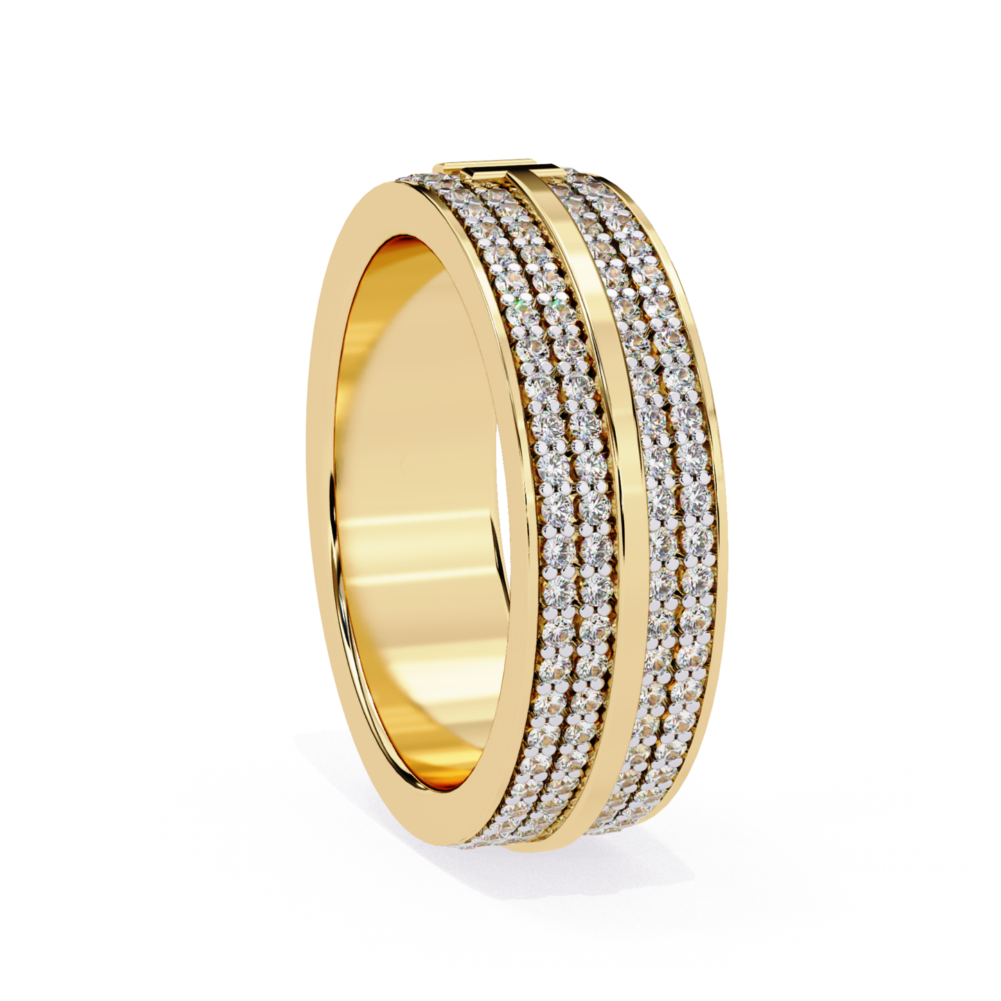 Yellow gold band with double row pavé diamonds shown at an angled view