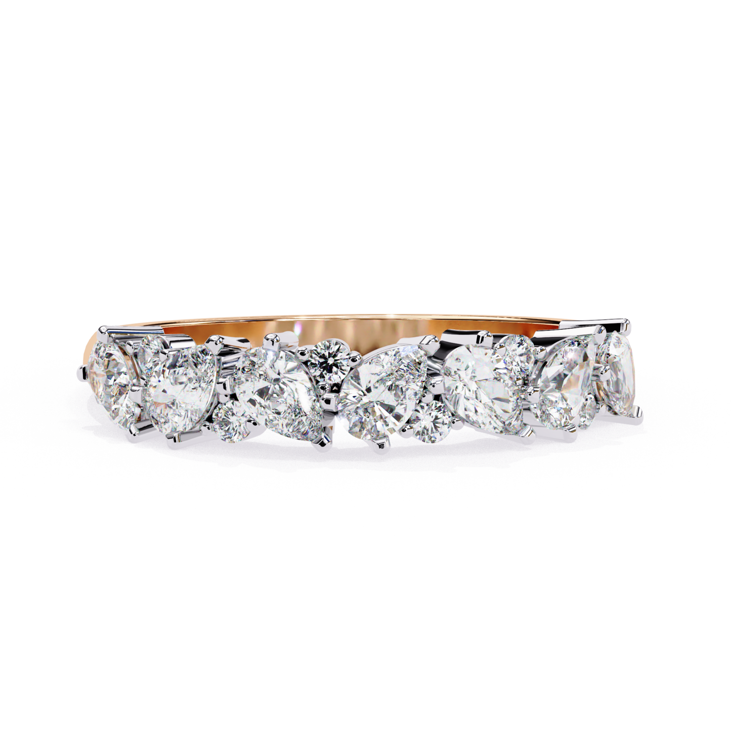 Rose gold ring with pear-shaped diamond and round shape diamond with prong setting 