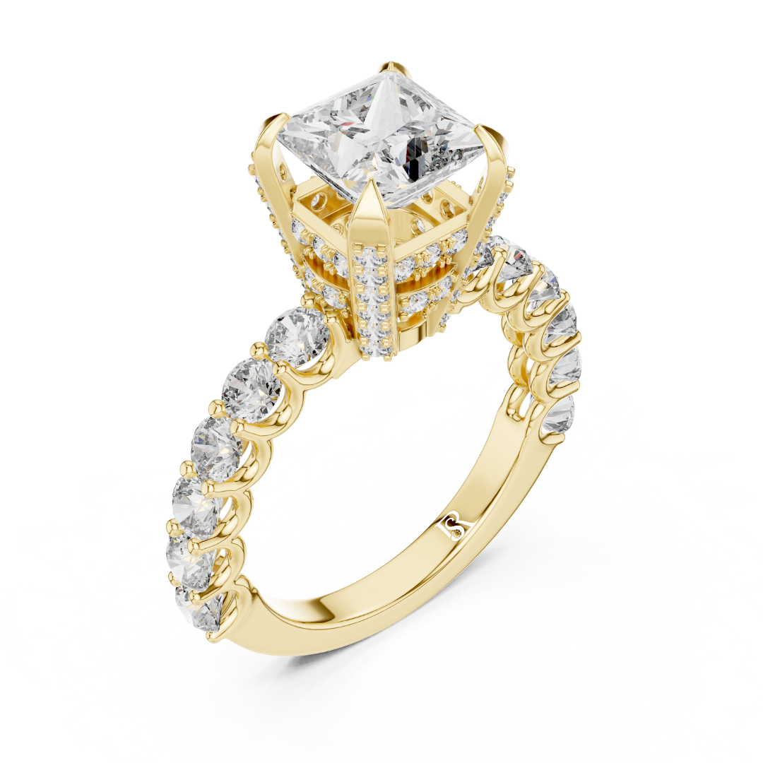 Geometric cut diamond ring yellow gold
Yellow gold diamond ring with side stones
Diamond ring yellow gold side angle view
Yellow gold diamond ring detailed setting
Diamond ring with elevated yellow gold mount
Yellow gold diamond ring band with stones
Diamond ring yellow gold profile view
Yellow gold diamond ring fine craftsmanship
Diamond ring yellow gold luxury design
Yellow gold diamond ring product image