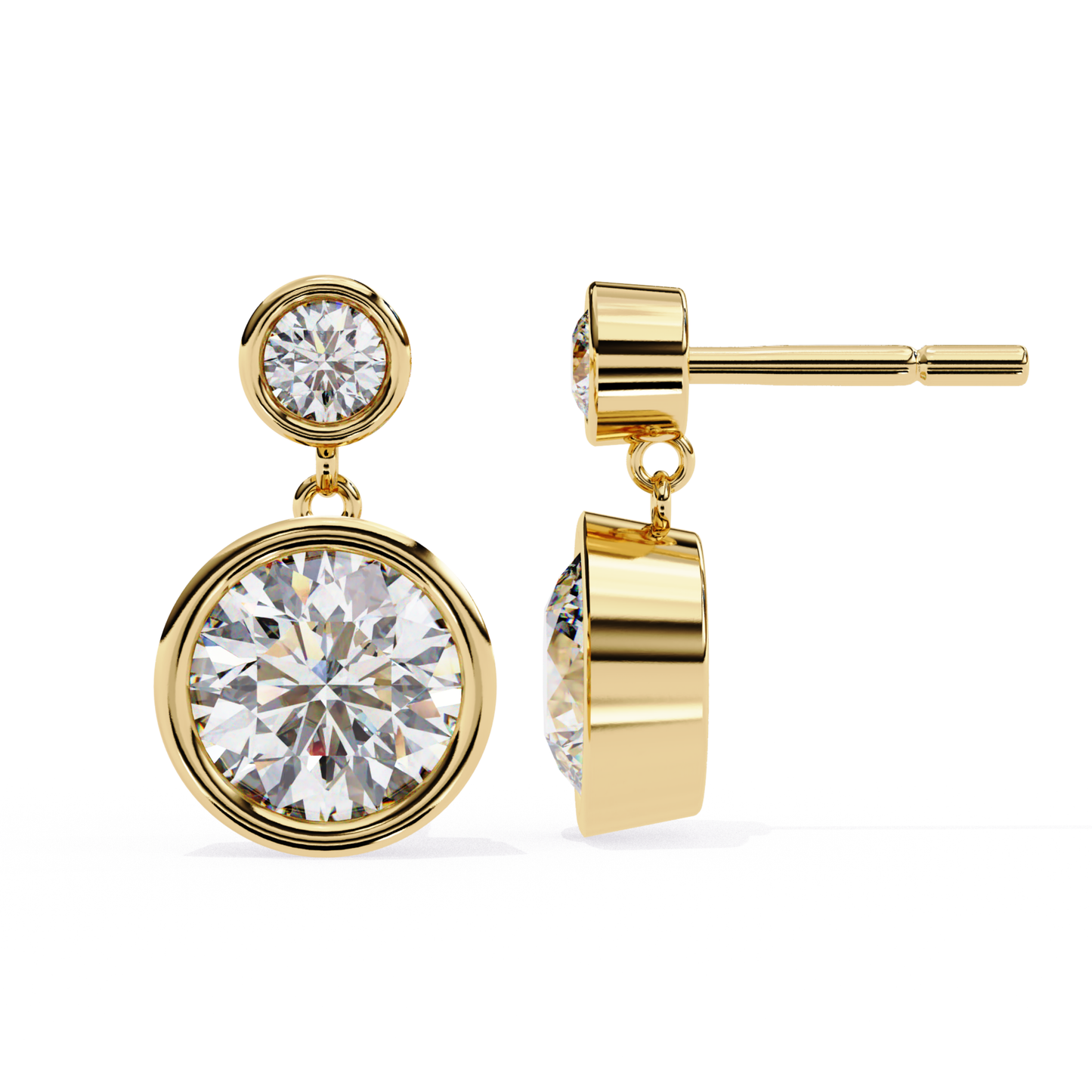 Elegant yellow gold drop earrings featuring round-cut diamonds in a two-tiered design, offering a sophisticated and sparkling look.