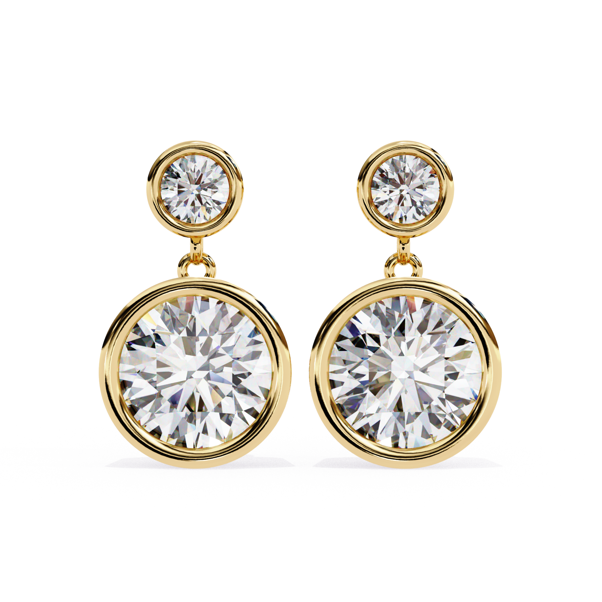 Elegant yellow gold drop earrings featuring two round-cut diamonds in a stylish two-tiered design, offering a sparkling and sophisticated look.