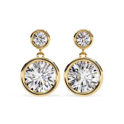 Elegant yellow gold drop earrings featuring two round-cut diamonds in a stylish two-tiered design, offering a sparkling and sophisticated look.
