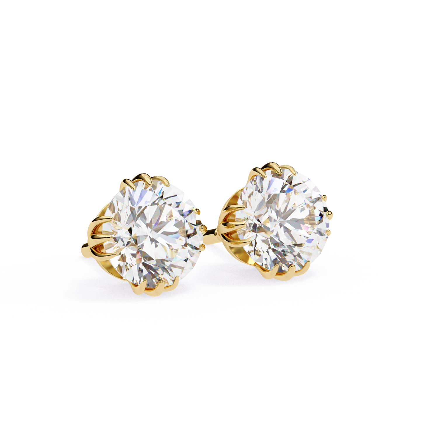 A beautiful pair of yellow gold solitaire earrings with large round-cut diamonds set in a classic six-prong setting, offering a timeless and elegant look