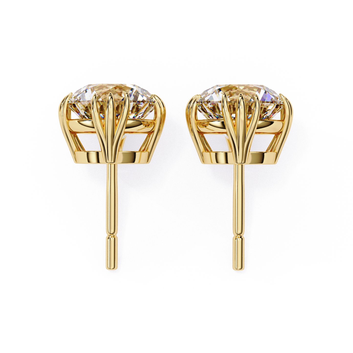 A pair of stunning yellow gold diamond earrings featuring a crown setting, showcasing brilliant diamonds in a sophisticated, regal design.