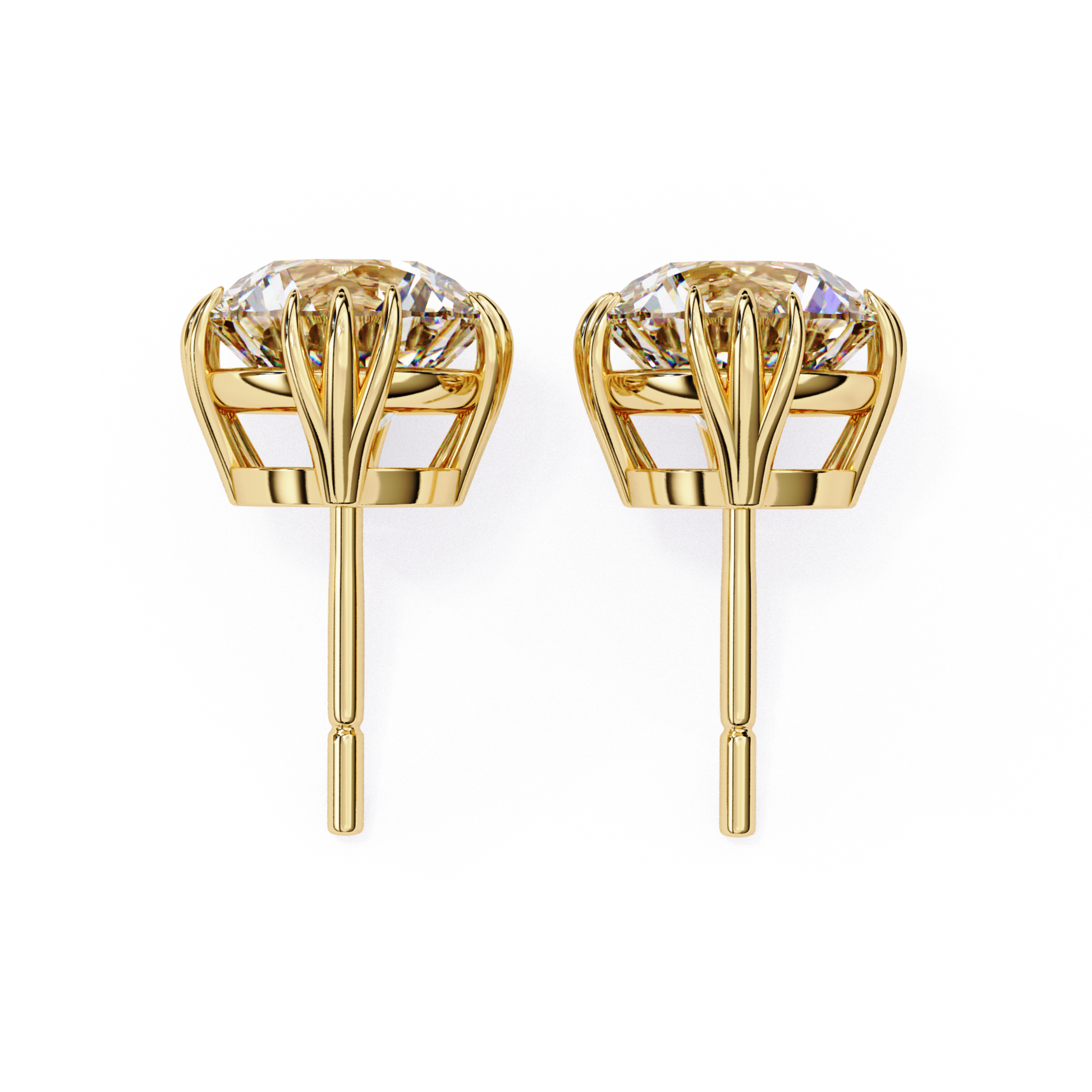 A pair of stunning yellow gold diamond earrings featuring a crown setting, showcasing brilliant diamonds in a sophisticated, regal design.