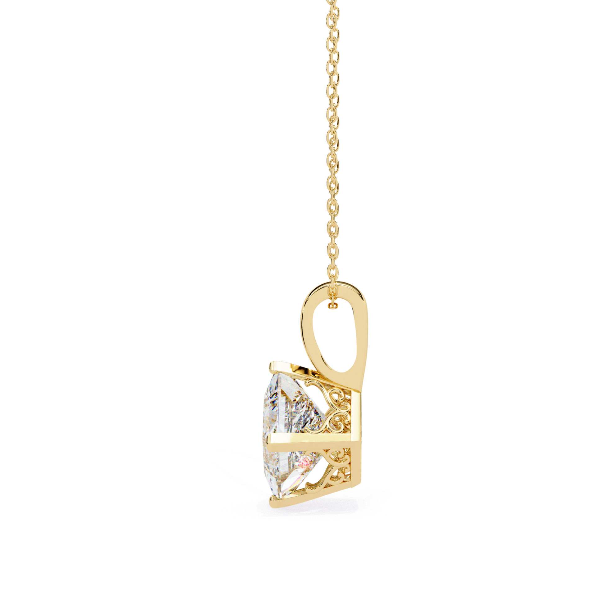 Side view of a gold pendant with a large diamond and chain.