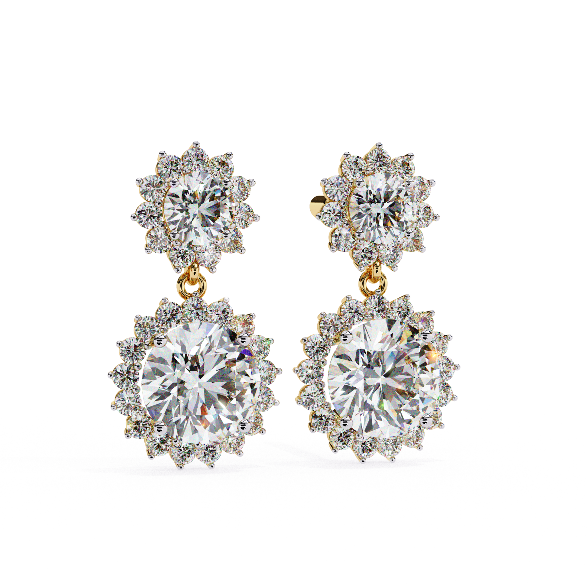 Alt Text: A pair of gold sunflower-shaped earrings featuring a sparkling round diamond at the center, surrounded by smaller diamonds in a flower-like design. A larger diamond drop pendant complements the design.