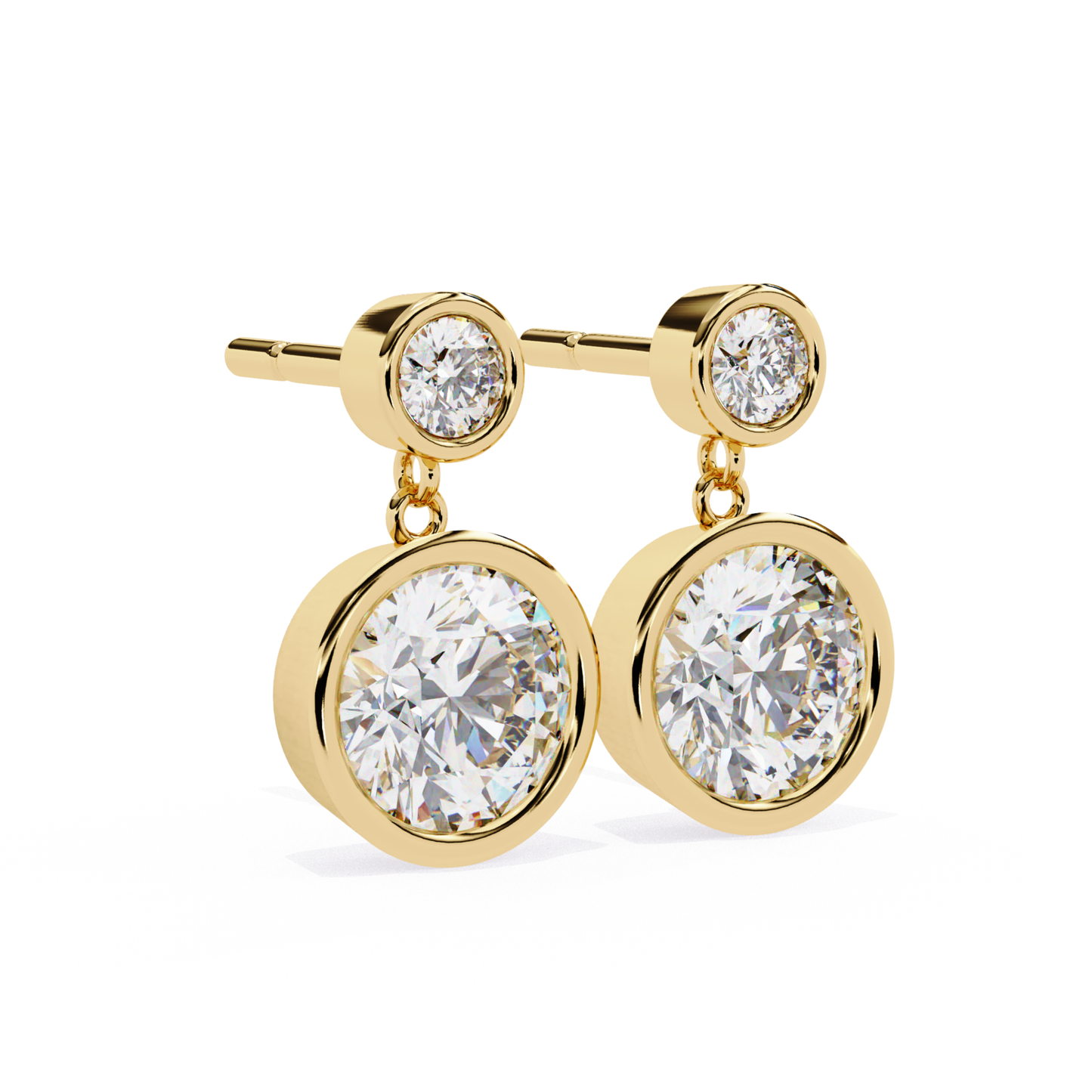 Elegant yellow gold drop earrings with round-cut diamonds, featuring a two-tiered design that adds a touch of sophistication and sparkle.