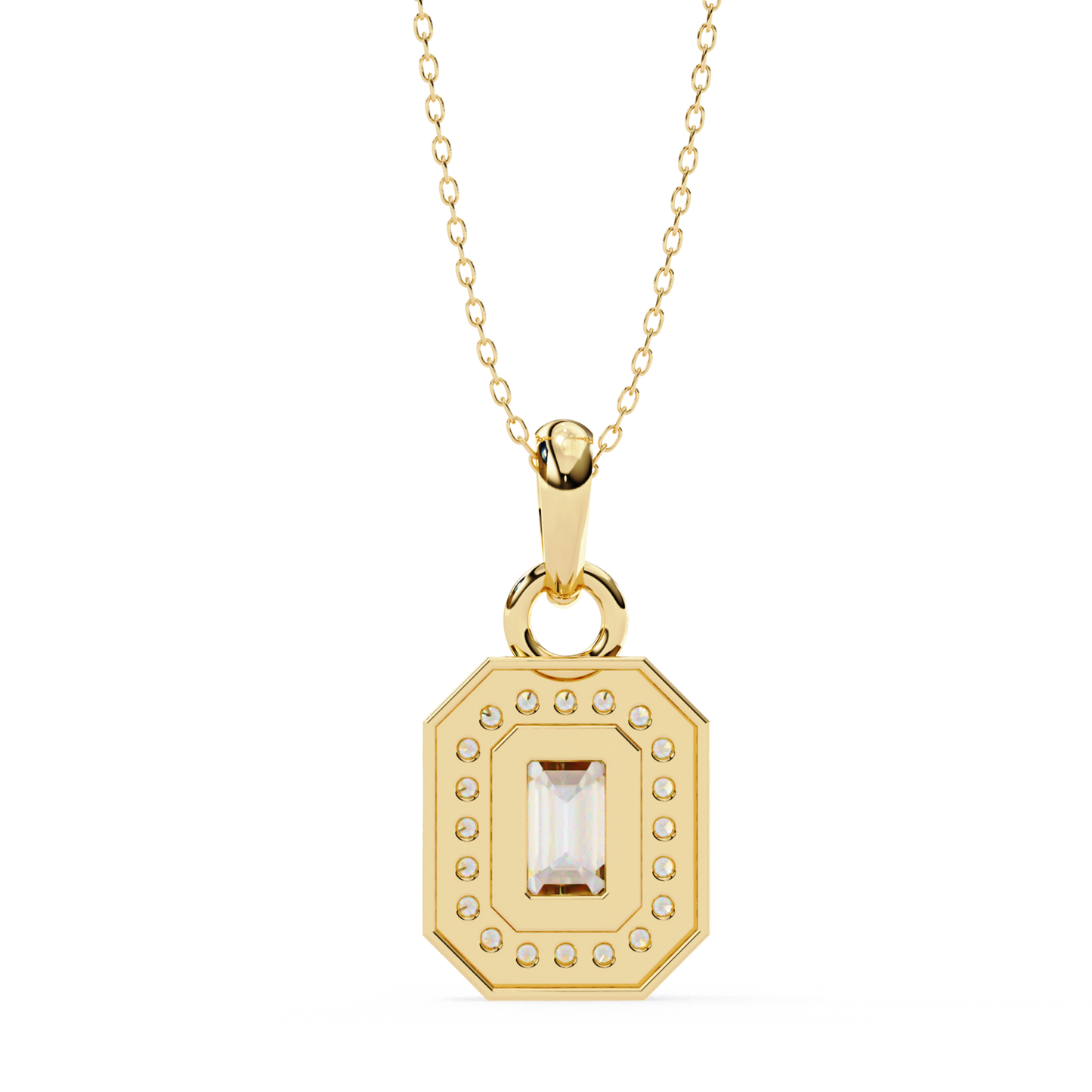 Gold pendant with an emerald cut diamond surrounded by a halo of small diamonds.