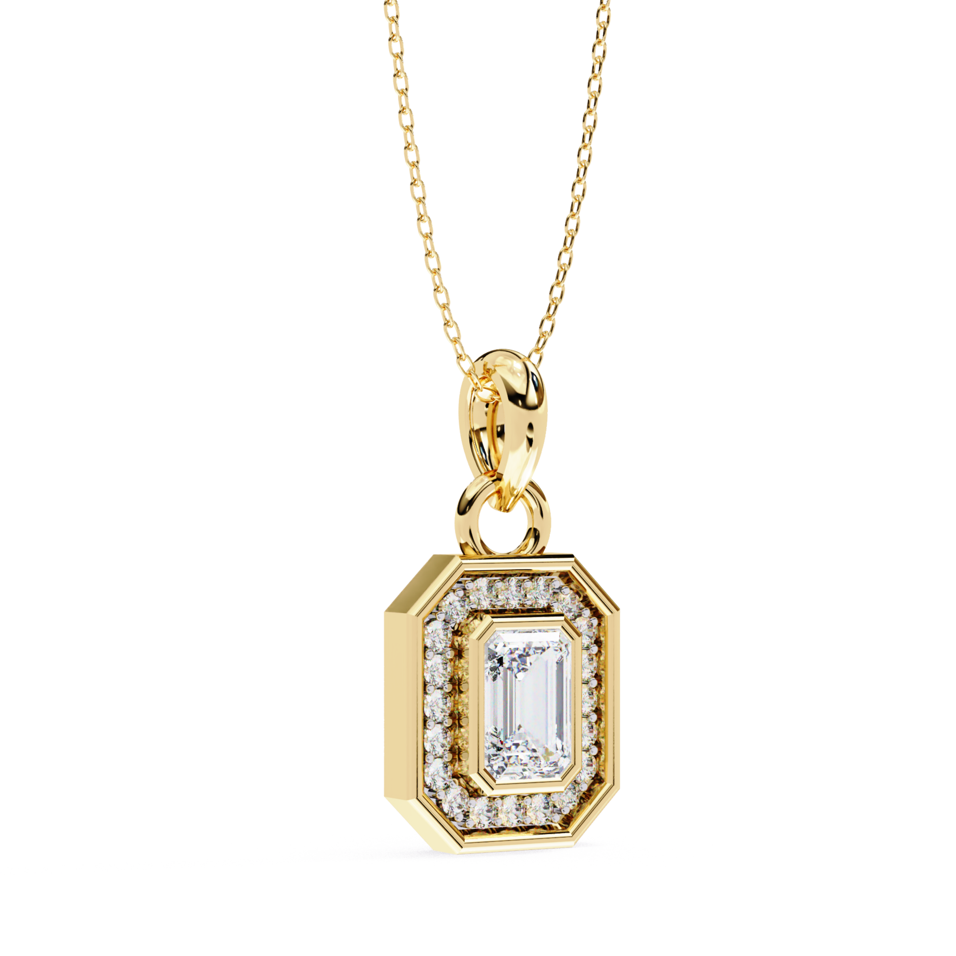 Gold pendant with an emerald cut diamond surrounded by a halo of small diamonds.