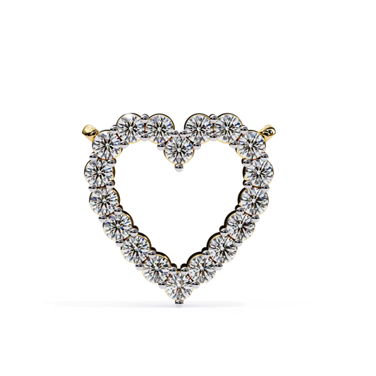 Heart-shaped diamond pendant set in gold with round diamonds outlining the heart.