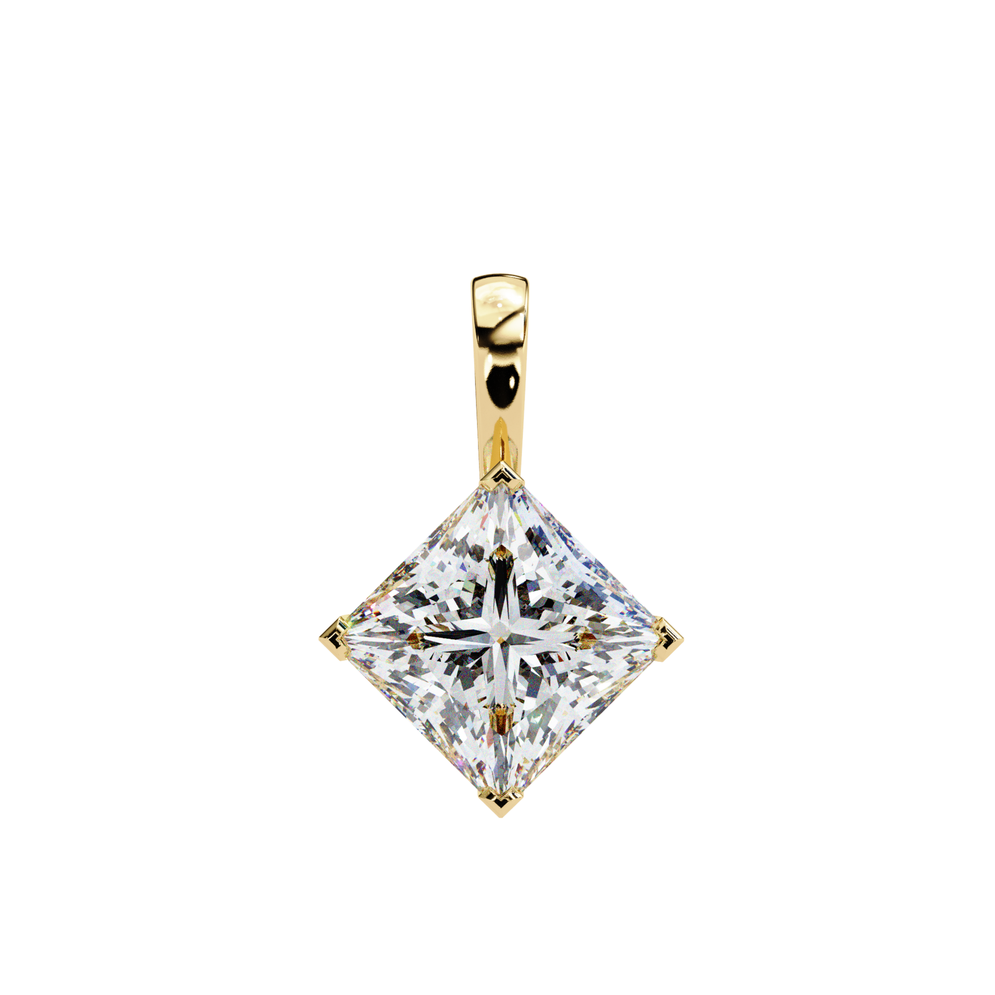 Pyramid-shaped diamond pendant in gold, showcasing a brilliant cut diamond.