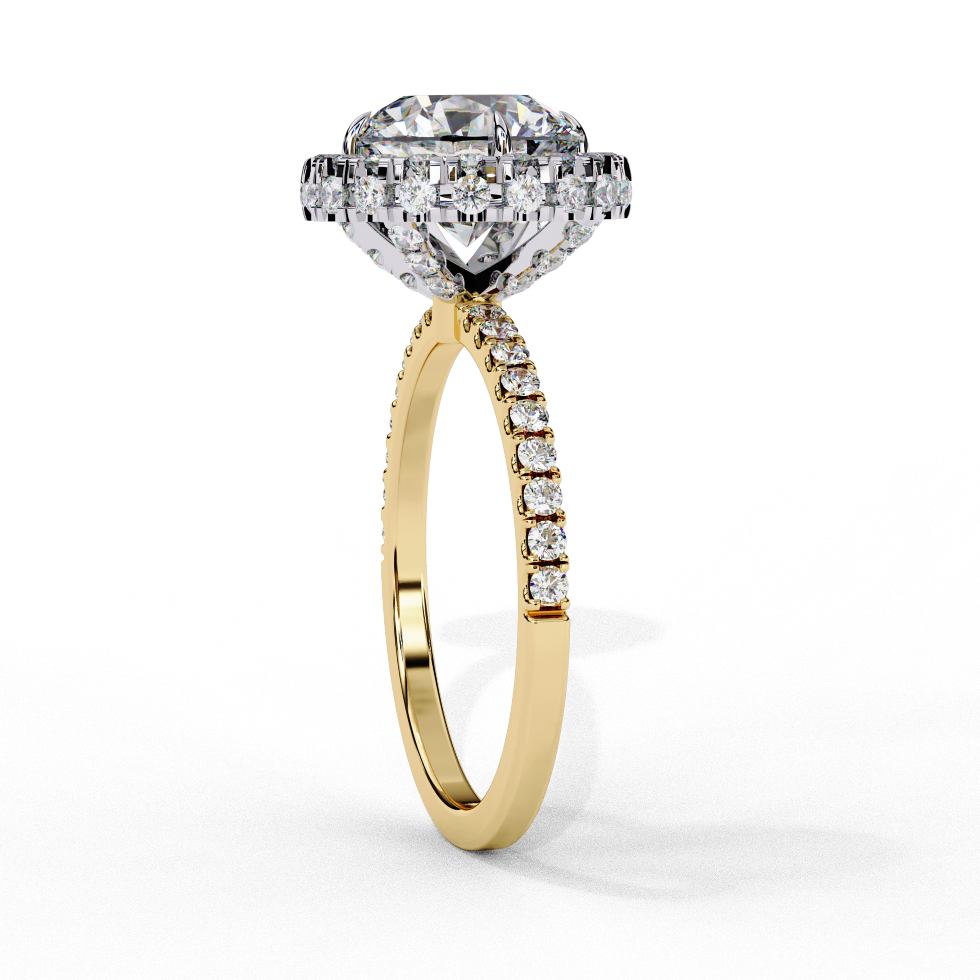 Gold ring with a diamond halo
Pave diamond band with a center stone
Halo ring with small diamonds around a large stone
Gold diamond ring with pave setting
Round diamond surrounded by pave diamonds
Gold band with diamond halo
Elegant pave diamond halo ring
Diamond halo ring with pave accents
Shinning diamond center with a pave band
Gold ring featuring a halo of diamonds