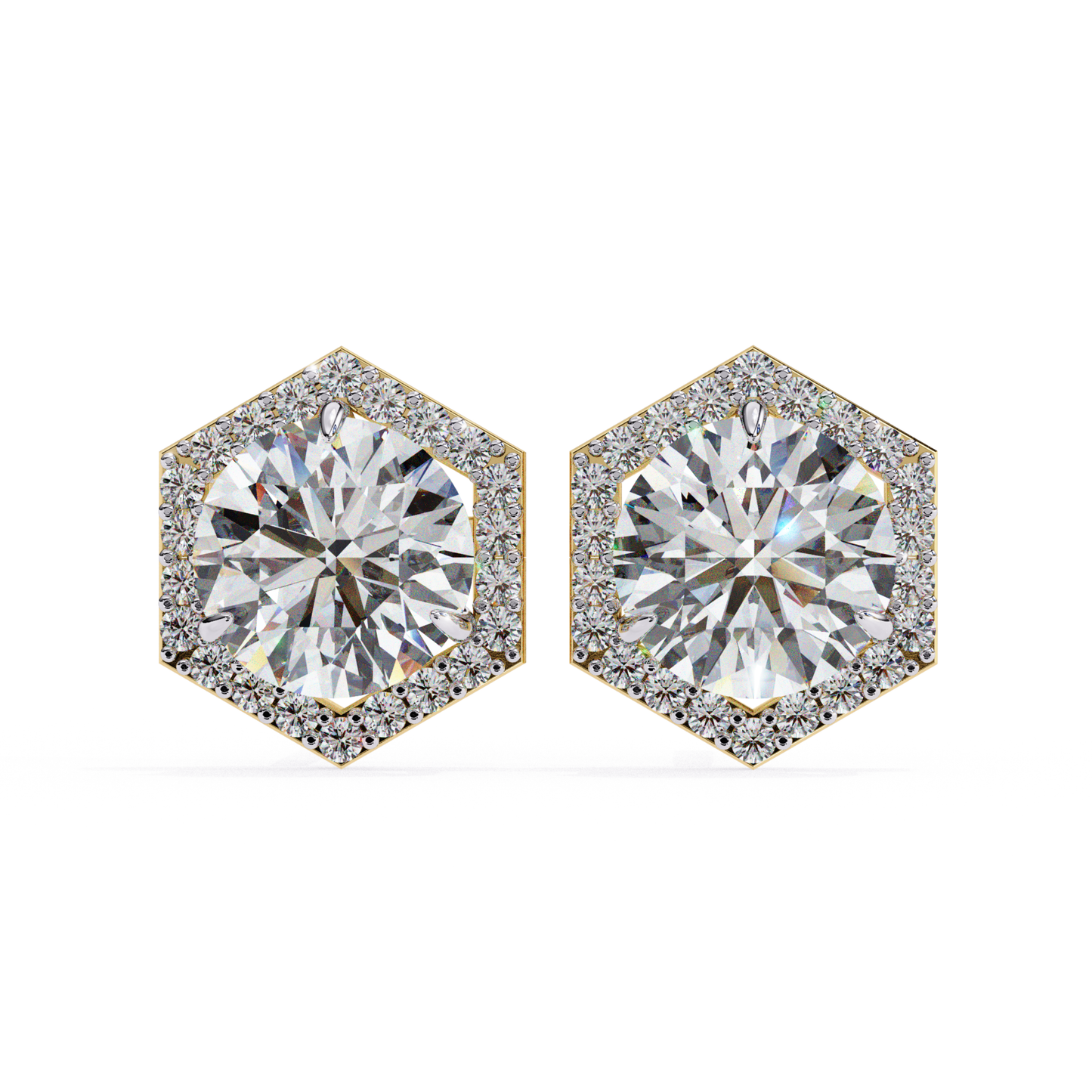 Luxurious yellow gold hexagonal stud earrings featuring a dazzling round-cut diamond surrounded by a sparkling halo, perfect for a modern yet classic look.