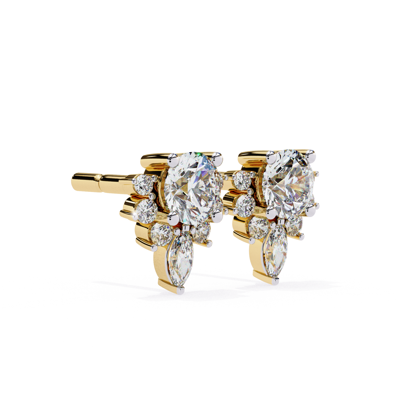  Sparkling yellow-gold stud earrings featuring an elegant arrangement of round and marquise diamonds.