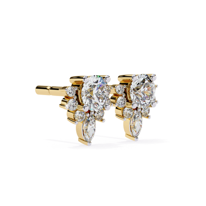  Sparkling yellow-gold stud earrings featuring an elegant arrangement of round and marquise diamonds.
