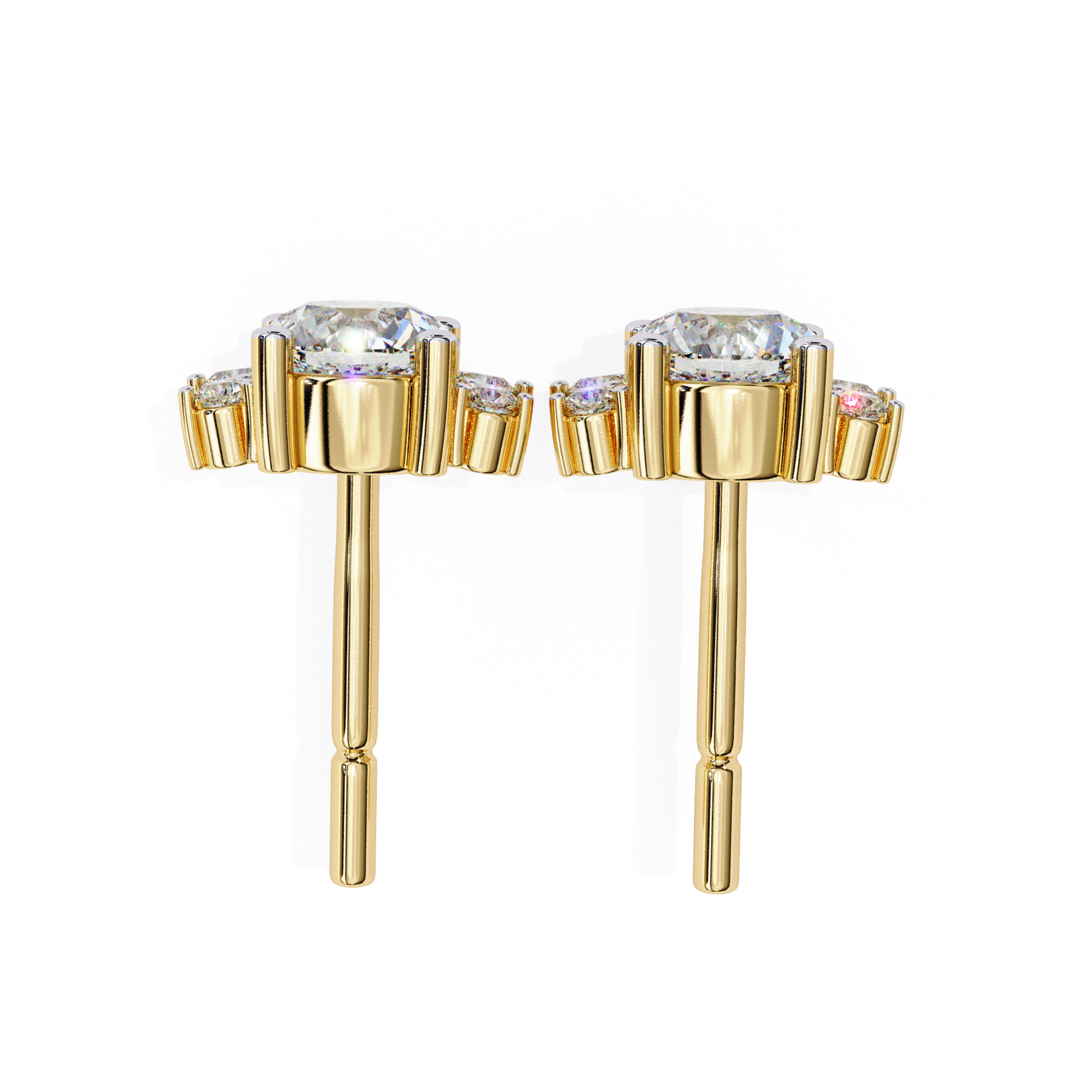  Bright yellow-gold stud earrings with a sparkling cluster of diamonds in a captivating arrangement.