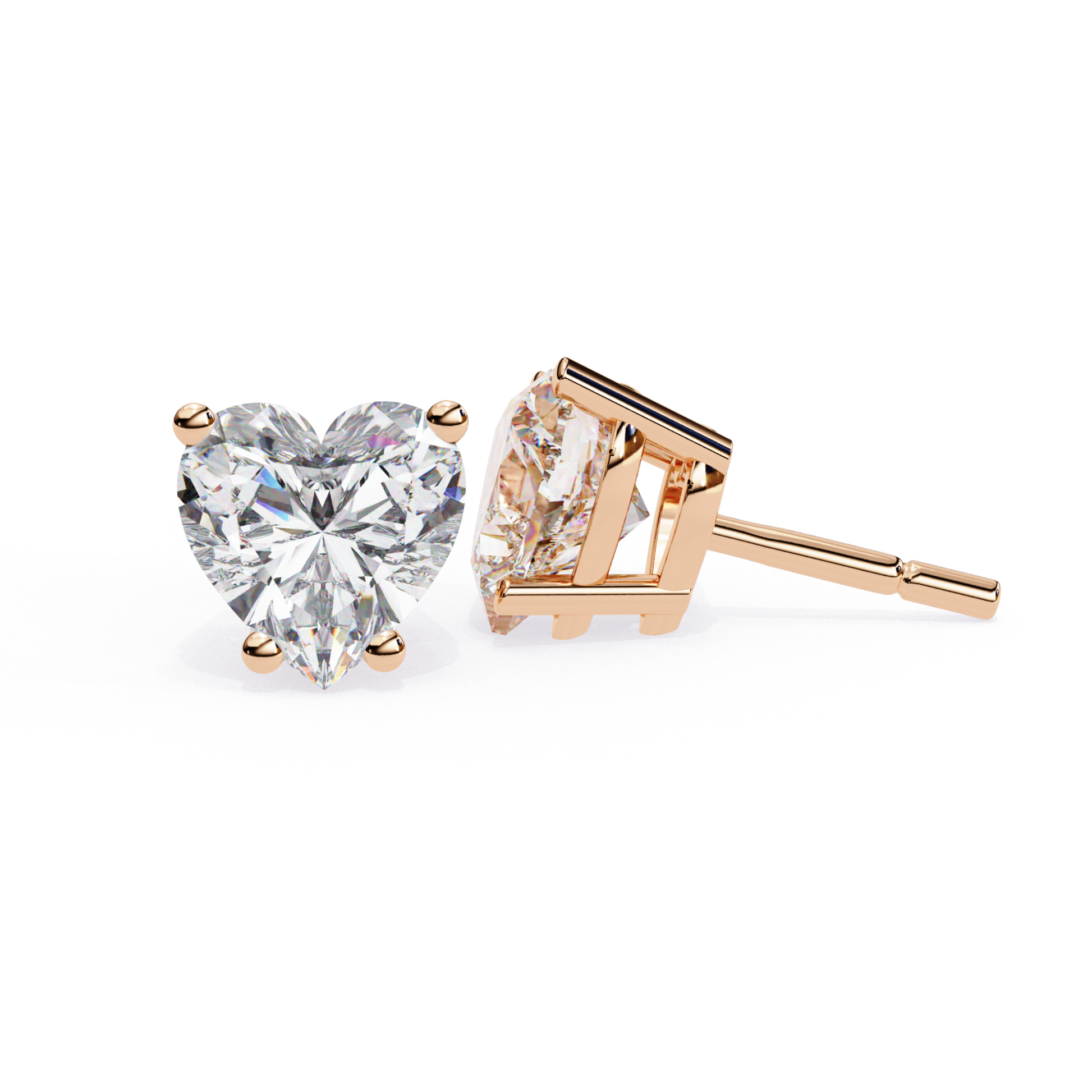 Rose gold stud earrings with heart diamond set with prongs