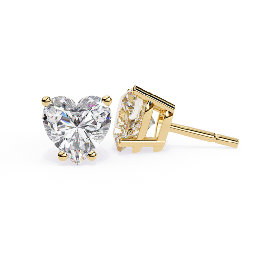 Yellow gold stud earrings with heart shaped diamond set with prongs