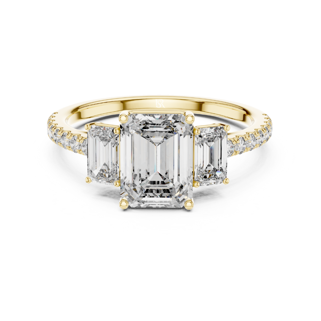 Emerald cut three stone diamond ring in yellow gold
Yellow gold emerald diamond engagement ring with side stones
Emerald cut diamond ring with pave band in yellow gold
Three stone emerald diamond ring front view
Yellow gold ring with emerald cut center diamond
Emerald cut lab diamond ring with tapered side stones
Minimal yellow gold emerald diamond engagement ring
Pave band emerald cut three stone ring
Classic emerald cut diamond ring in yellow gold
Yellow gold three stone ring with emerald diamonds