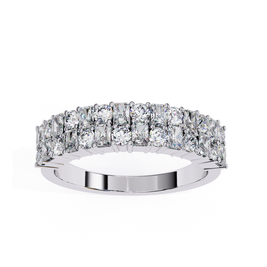 Front view of mixed round and square diamond band in white gold