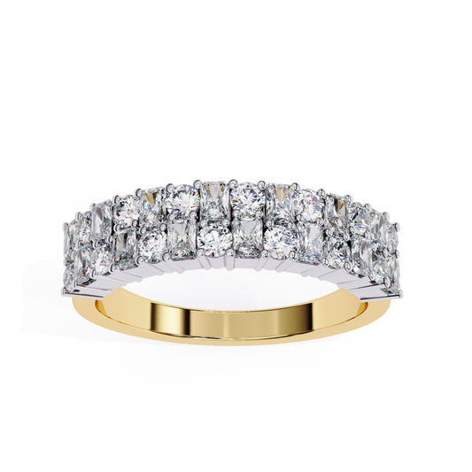 Front view of mixed shape diamond band with square and round diamonds in yellow gold