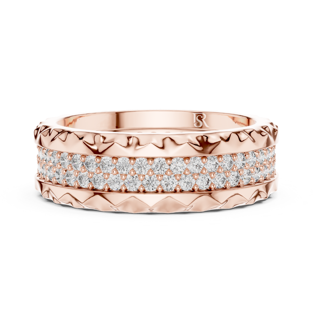 Rose gold textured eternity ring with double diamond rows
Round diamond band in polished rose gold finish
Rose gold ring with layered pave diamond setting
Modern rose gold eternity band with round diamonds
Double row diamond ring with carved rose gold edges
Luxury rose gold band with sparkling diamond rows
Wide rose gold diamond ring with textured pattern
Elegant rose gold eternity band with pave diamonds
Rose gold anniversary ring with round cut diamonds
Statement rose gold diamond band with detailed textu