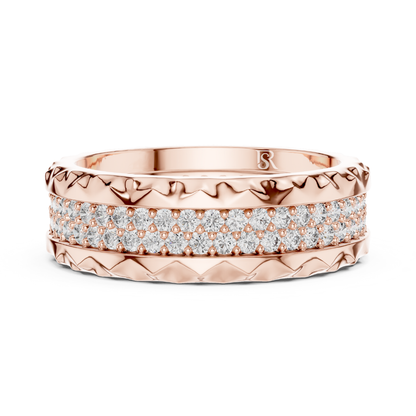 Rose gold textured eternity ring with double diamond rows
Round diamond band in polished rose gold finish
Rose gold ring with layered pave diamond setting
Modern rose gold eternity band with round diamonds
Double row diamond ring with carved rose gold edges
Luxury rose gold band with sparkling diamond rows
Wide rose gold diamond ring with textured pattern
Elegant rose gold eternity band with pave diamonds
Rose gold anniversary ring with round cut diamonds
Statement rose gold diamond band with detailed textu