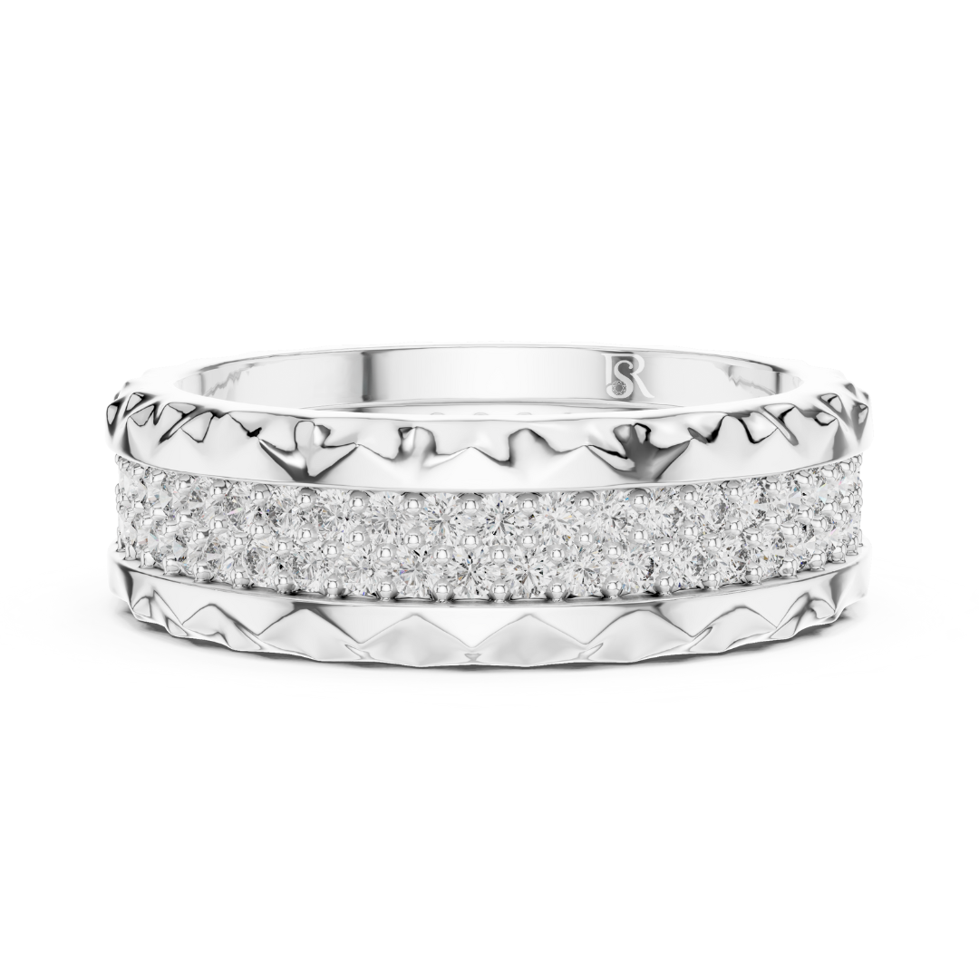 White gold textured eternity ring with double diamond rows
Round diamond band in polished white gold finish
White gold ring with layered pave diamond setting
Modern white gold eternity band with round diamonds
Double row diamond ring with carved white gold edges
Luxury white gold band with sparkling diamond rows
Wide white gold diamond ring with textured pattern
Elegant white gold eternity band with pave diamonds
White gold anniversary ring with round cut diamonds
Statement white gold diamond band with deta