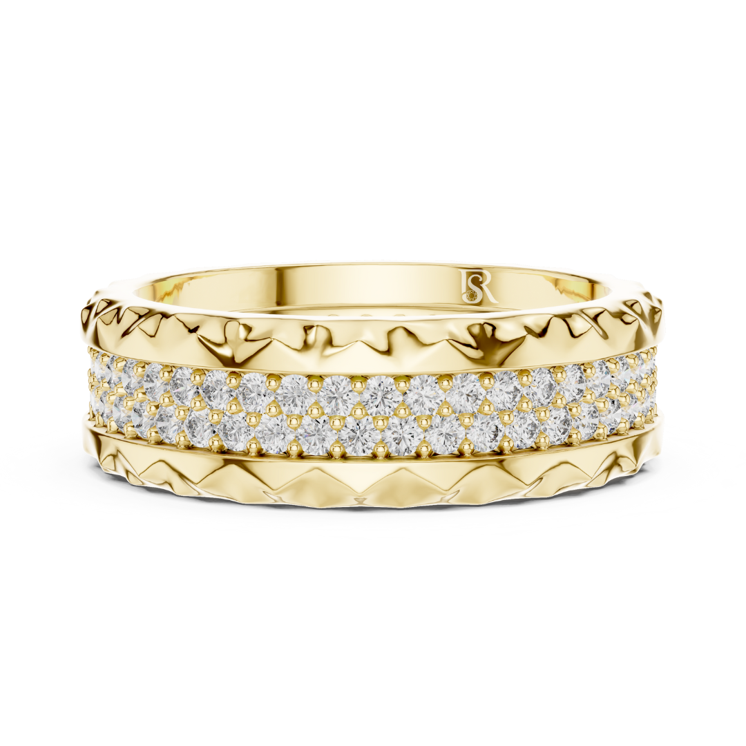 Yellow gold textured eternity ring with double diamond rows
Round diamond band in polished yellow gold finish
Yellow gold ring with layered pave diamond setting
Modern yellow gold eternity band with round diamonds
Double row diamond ring with carved yellow gold edges
Luxury yellow gold band with sparkling diamond rows
Wide yellow gold diamond ring with textured pattern
Elegant yellow gold eternity band with pave diamonds
Yellow gold anniversary ring with round cut diamonds
Statement yellow gold diamond band