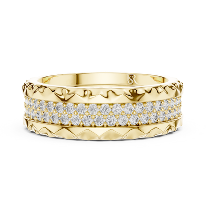 Yellow gold textured eternity ring with double diamond rows
Round diamond band in polished yellow gold finish
Yellow gold ring with layered pave diamond setting
Modern yellow gold eternity band with round diamonds
Double row diamond ring with carved yellow gold edges
Luxury yellow gold band with sparkling diamond rows
Wide yellow gold diamond ring with textured pattern
Elegant yellow gold eternity band with pave diamonds
Yellow gold anniversary ring with round cut diamonds
Statement yellow gold diamond band