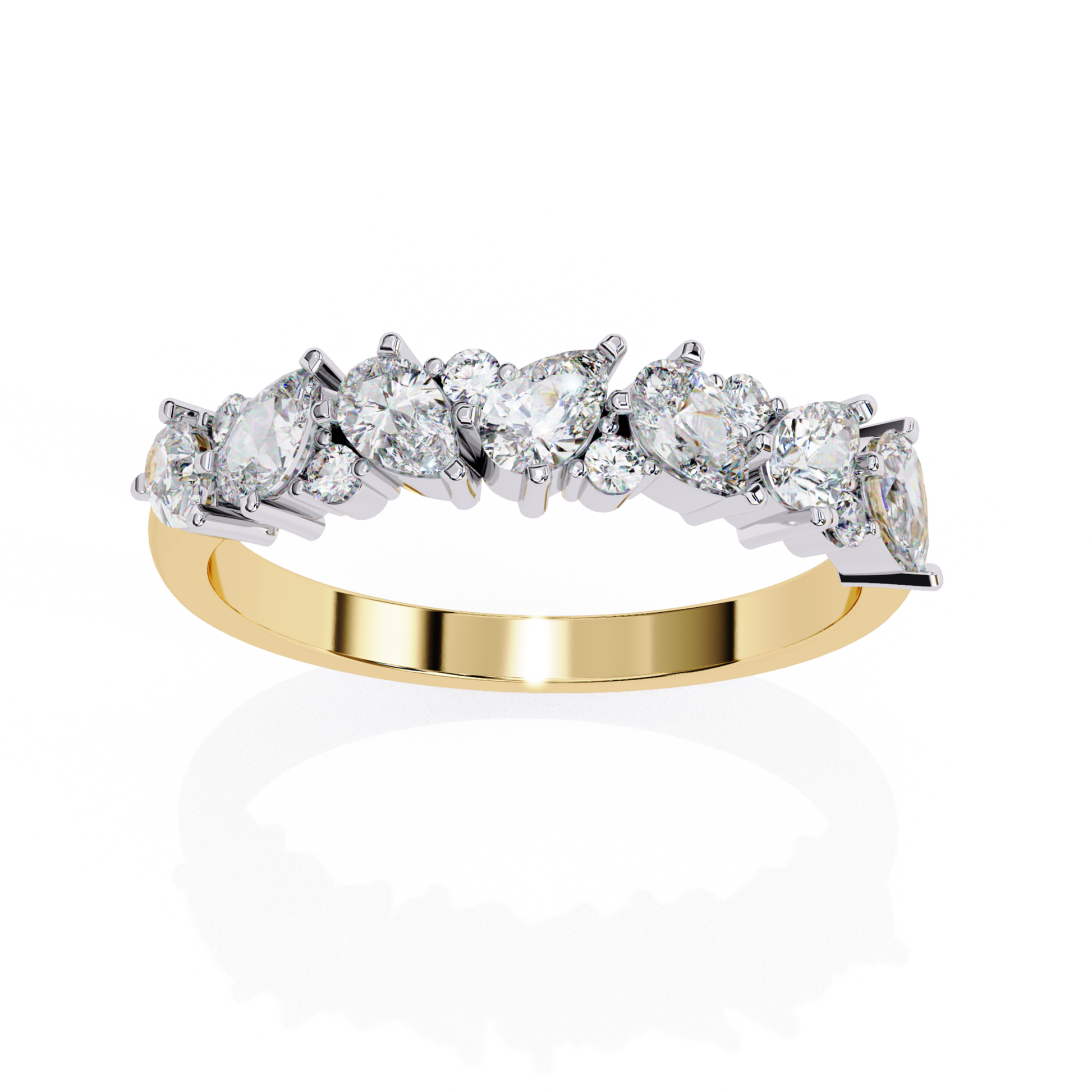 Yellow Gold Multi Stone Band Ring 
Pear Cut Diamond 
Round Cut Diamond Prong Setting