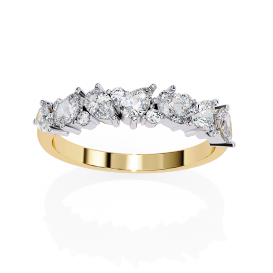 Yellow Gold Multi Stone Band Ring 
Pear Cut Diamond 
Round Cut Diamond Prong Setting