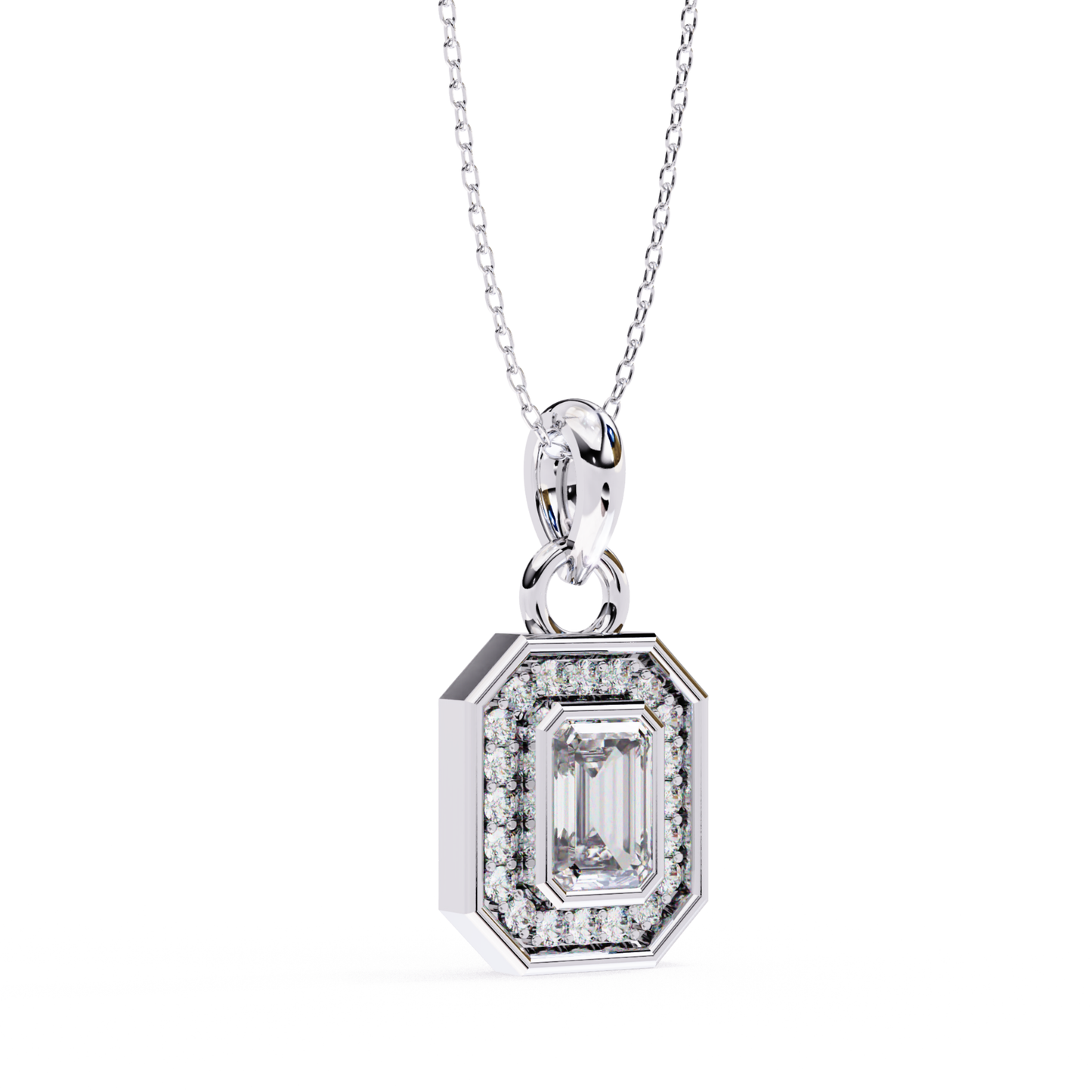 Platinum pendant showcasing an emerald cut diamond framed by diamonds.