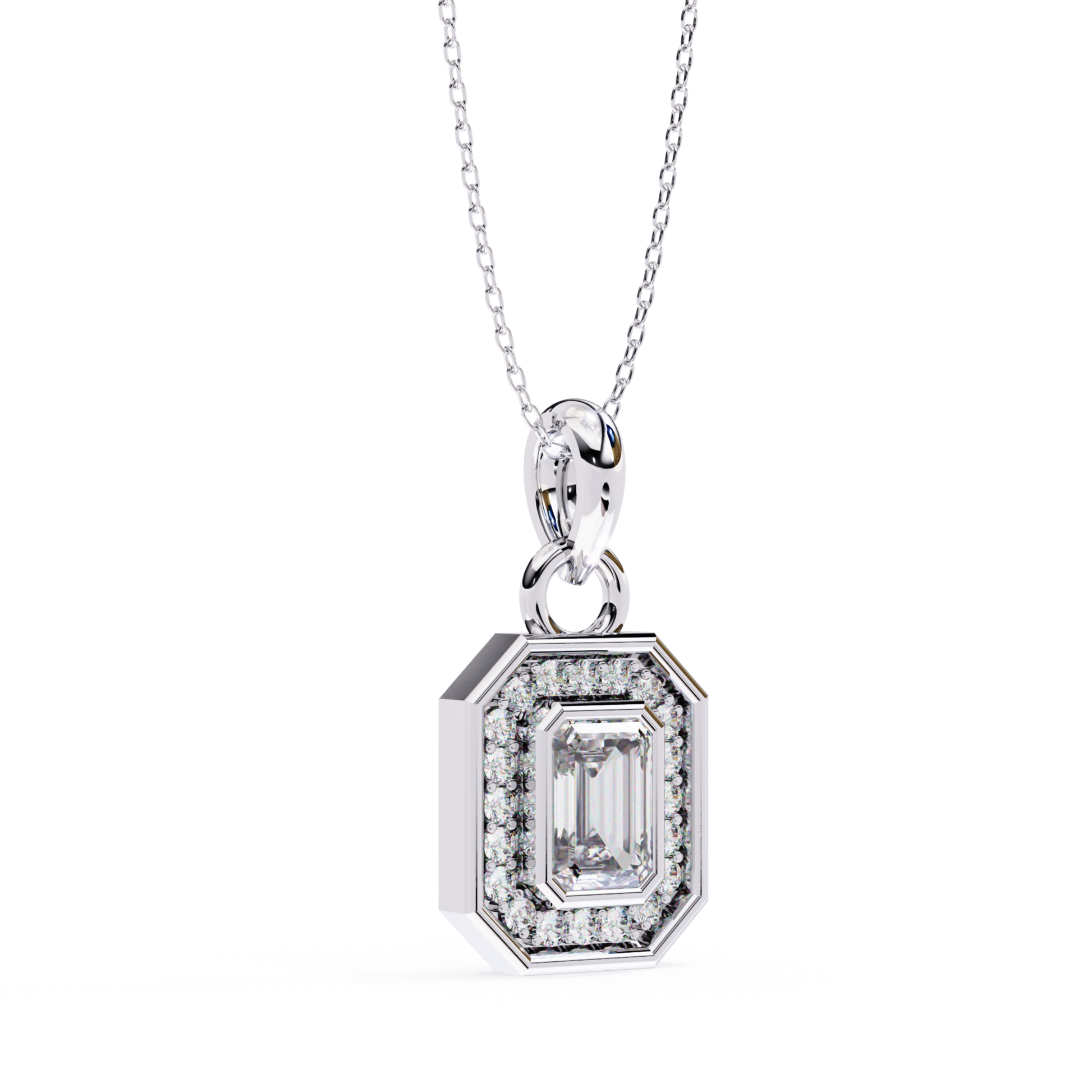 Platinum pendant showcasing an emerald cut diamond framed by diamonds.
