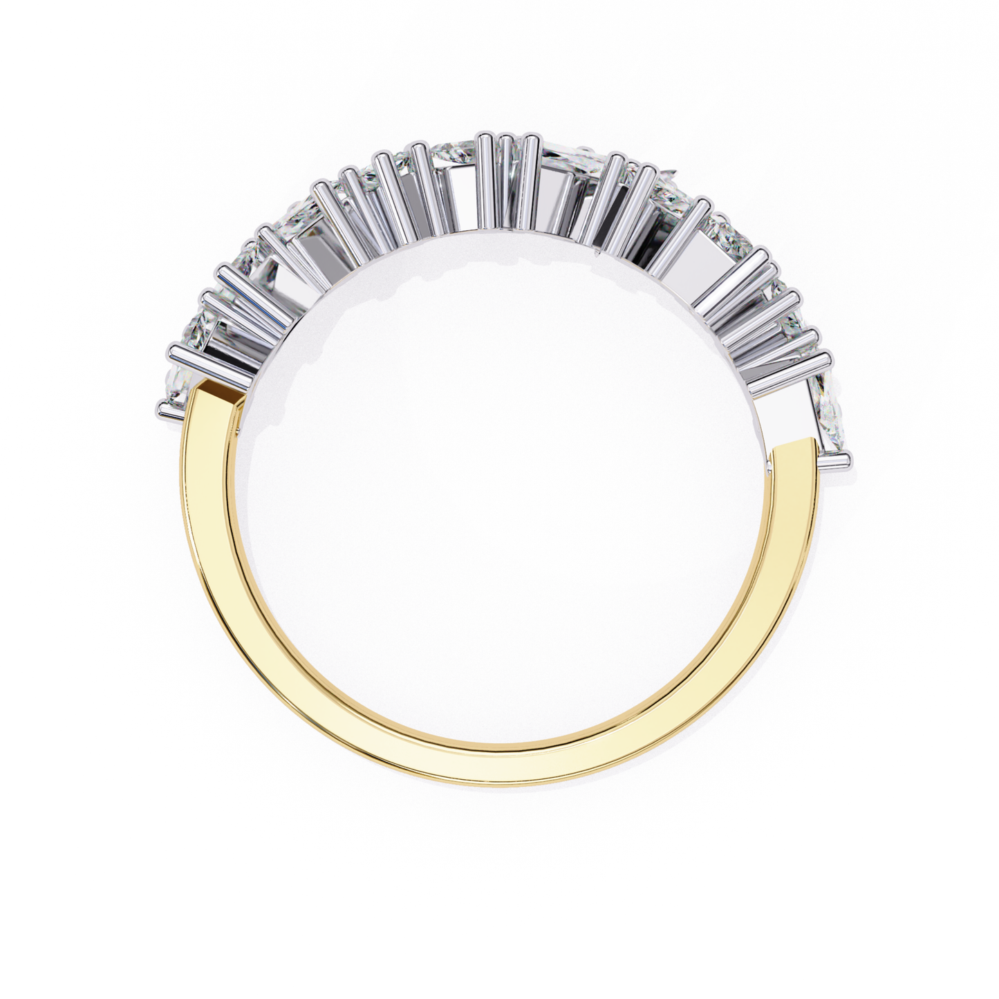 Top inside view of princess cut diamond band in yellow gold