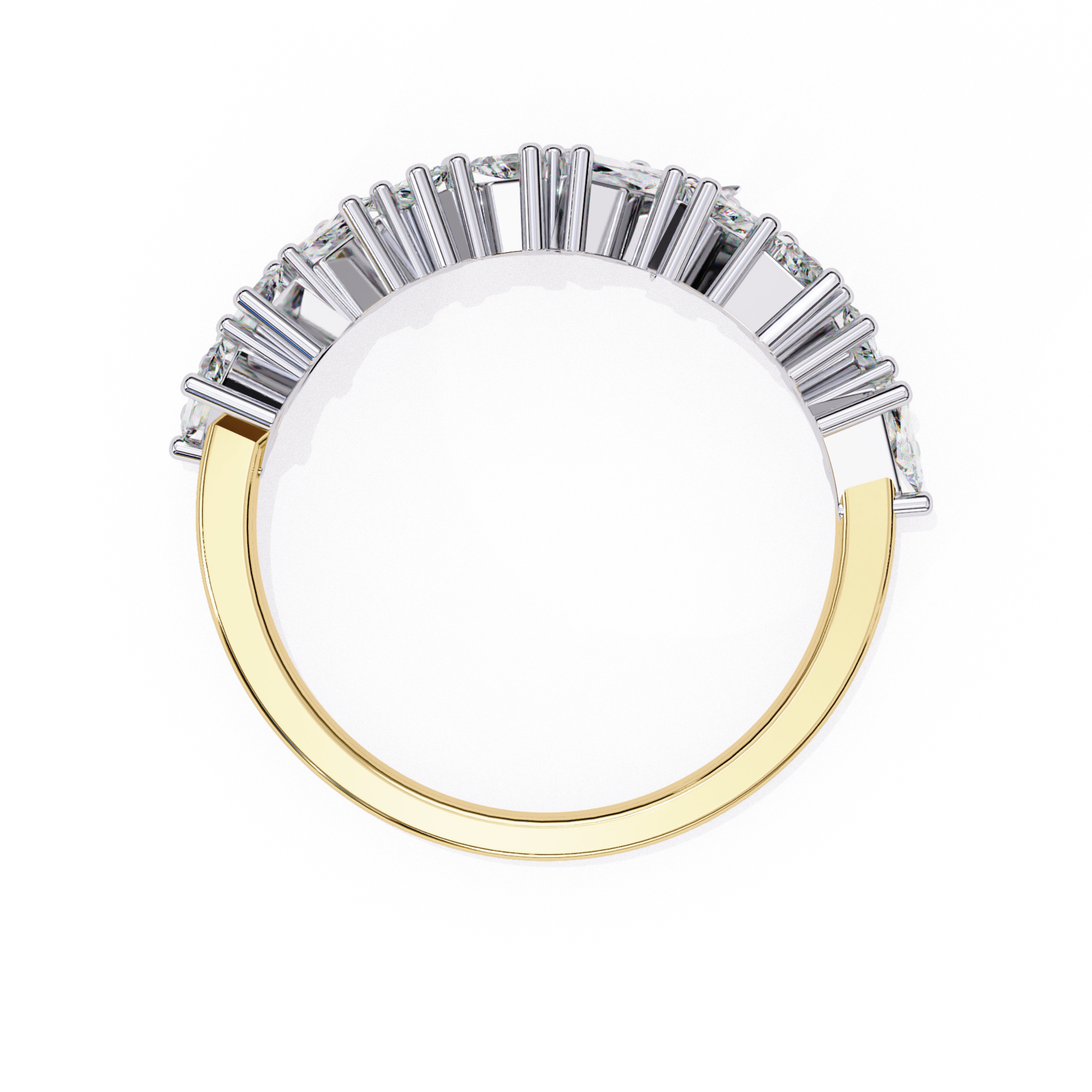Top inside view of princess cut diamond band in yellow gold