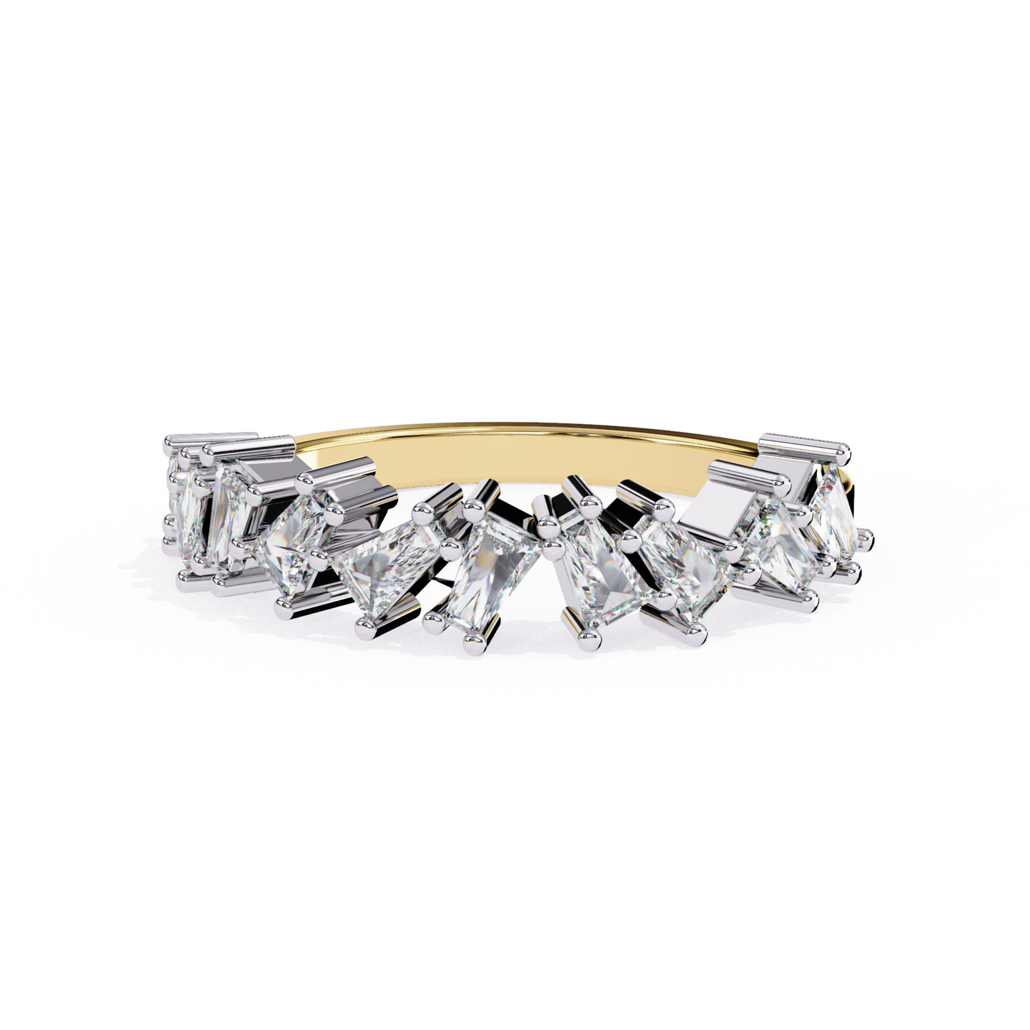 Front angle view of princess cut diamond band in yellow gold