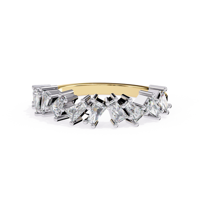 Front angle view of princess cut diamond band in yellow gold