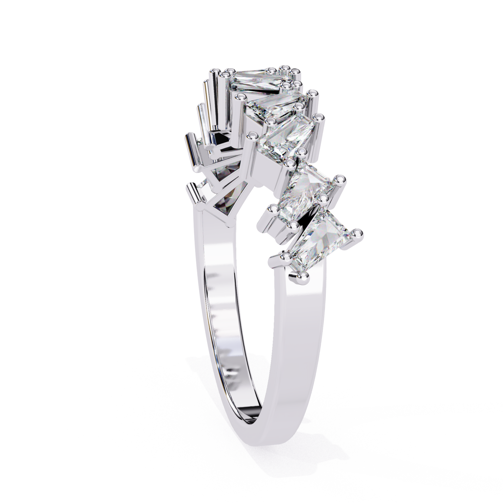 Angled side view of curved band with princess cut diamonds in white gold