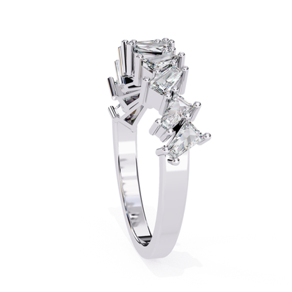 Angled side view of curved band with princess cut diamonds in white gold