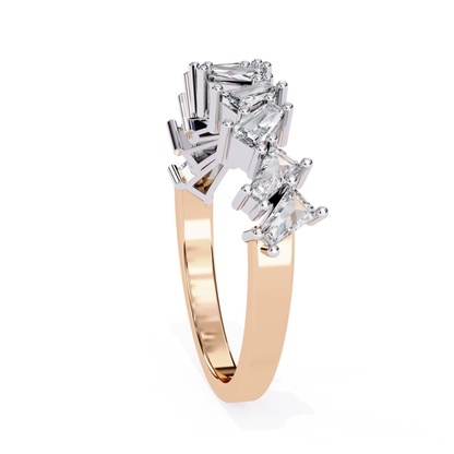 Side angle view of curved band with princess cut diamonds in rose gold